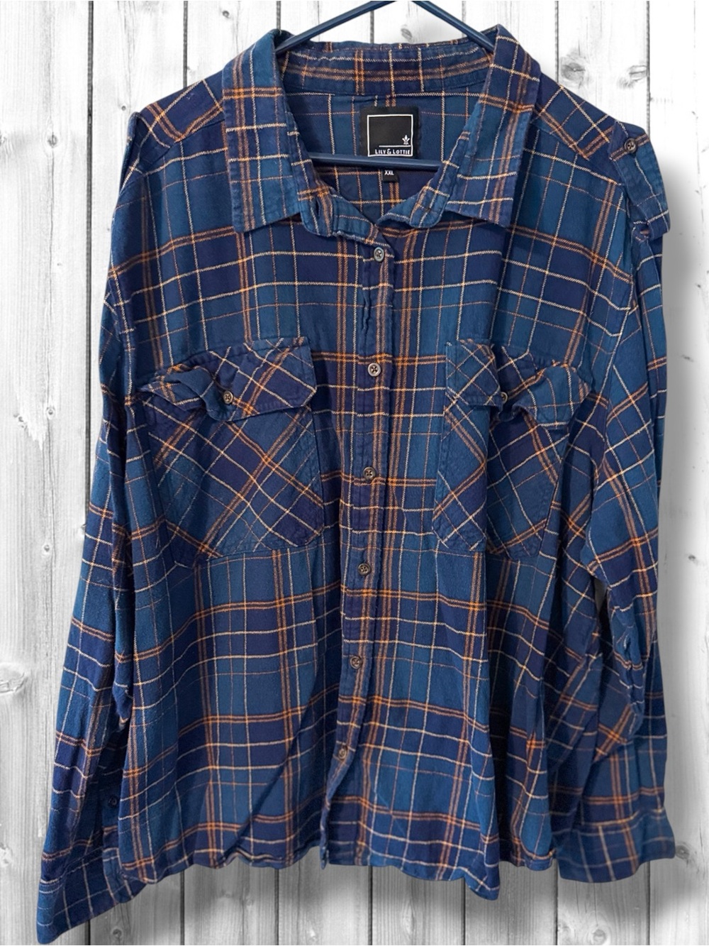 🌼Lily & Lottie Navy/Teal/Orange Plaid Button-Down Shirt